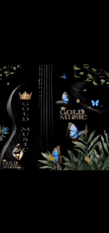 a guitar with gold music written on it