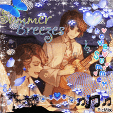 a picture of a man holding a guitar with the words summer breezes written above him
