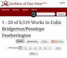 a website called archive of our own beta shows 1-20 of 8,519 works in colin bridgerton penelope featherington