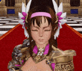 a woman in a video game with her eyes closed and a pink headband