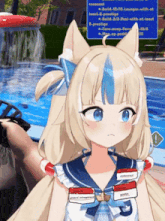 a blonde anime girl with a blue and white stripe on her head