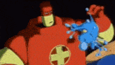 a cartoon superhero is holding a blue object in his hands .