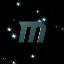 a silver letter m is surrounded by stars on a dark background