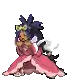a pixel art of a woman in a pink dress holding a fan .