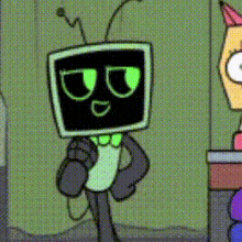 a cartoon character with a television head and green eyes is standing next to a cat .