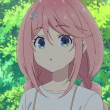 a girl with pink hair and blue eyes is wearing a white top