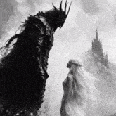 a black and white painting of a woman standing next to a monster