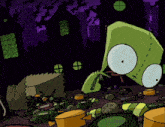 a cartoon drawing of a green monster surrounded by candy boxes