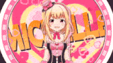 a girl in a pink and black dress is standing in front of the word nicoll