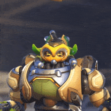 a robot with a yellow face and green eyes is holding a gun