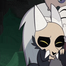 a close up of a cartoon character 's face with a skull head