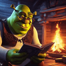 shrek is reading a book in front of a fireplace while wearing glasses .