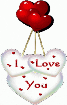 a couple of hearts that say i love you with balloons in the background