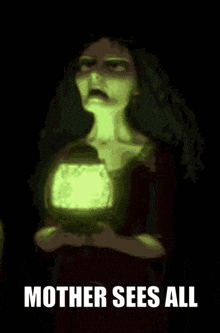 a cartoon of a woman holding a glowing object with the caption mother sees all