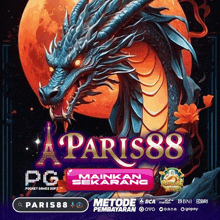 an advertisement for paris88 shows a dragon with a full moon in the background