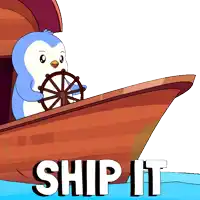 a cartoon of a penguin holding a steering wheel and the words ship it below it