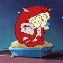 a cartoon character is sitting in a stinky container