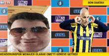 a man wearing sunglasses covering his ears next to a man wearing a yellow and blue shirt that says acibadem