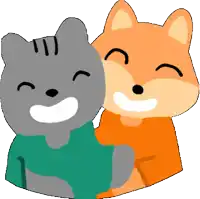 a fox and a cat are hugging and smiling