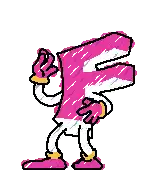 a pixel art drawing of a pink letter f with hands and legs