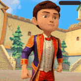 a cartoon boy in a suit and bow tie is standing in front of a building