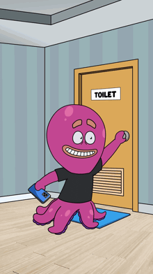 a cartoon octopus stands in front of a toilet door