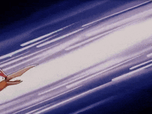 a cartoon character is flying through the air with a light coming out of his mouth .