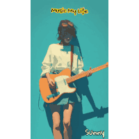 a poster of a girl holding a guitar with the words music my life written on it