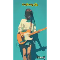 a poster of a girl holding a guitar with the words music my life written on it