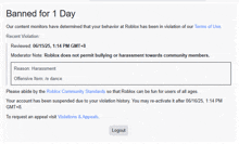 a screenshot of the banned for 1 day page on roblox