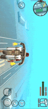a screenshot of a video game shows a man riding a jetpack