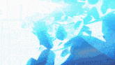 a blue and white background with a few pieces of paper floating in the air