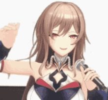 a girl with long brown hair is holding a microphone and smiling .