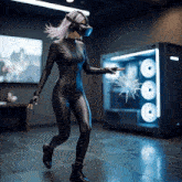 a woman is wearing a virtual reality headset and playing a video game