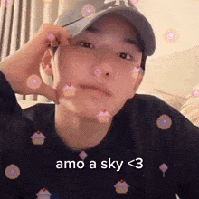 a man wearing a hat with cupcakes on his face and the words amo a sky < 3 on the bottom