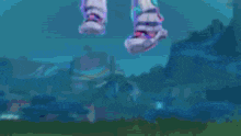a close up of a person 's legs in a video game with a pink braid .