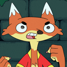 a cartoon fox is making a funny face and pointing