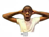 a man in a white shirt is covering his ears with his hands and a drawing of a sound wave behind him
