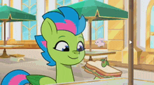 a cartoon pony is eating a sandwich in a restaurant .