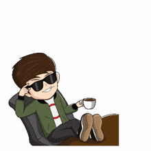 a cartoon of a man sitting at a table with a cup of coffee and the word azka behind him
