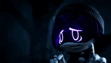 a cartoon character with purple eyes and the letter u