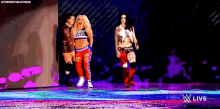 a group of women are standing on a stage in a wrestling match .