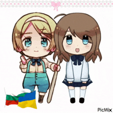 a picture of two girls with a flag in the background that says picmix on it