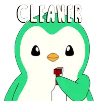 a green penguin is holding a microphone with the word cleaner written above it