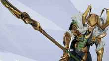 a drawing of loki holding a spear with feathers on it