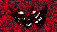 a pixelated image of a face with red eyes on a red background