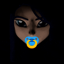 a woman with a pacifier in her mouth looks at the camera