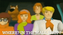 a group of scooby doo characters are standing in front of a sign that says where in the mall shop ?
