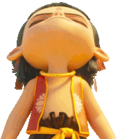 a close up of a cartoon character with a lotus on his vest