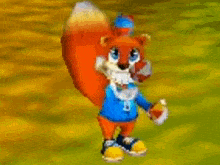 a cartoon squirrel is standing in a field holding a ball in his hand .